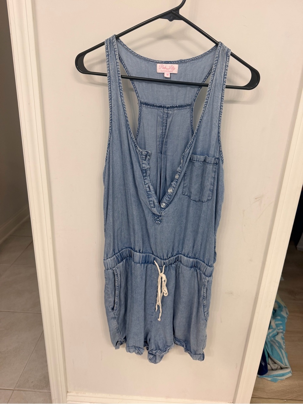 Pink Lily Light Blue Denim-Effect Romper with Drawstring Waist